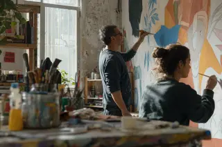 Two artisans concentrate on painting a mural in a sunlit Montreuil studio, surrounded by art supplies and traces of work in progress.