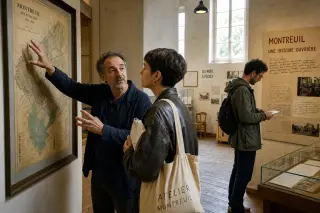 Curator showing a historic map to a visitor in a small Montreuil museum, with another person reading an exhibit note nearby under gentle daylight.