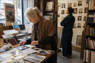 Elderly woman organizing old photos in a Montreuil bookshop while a young man studies a wall of historic portraits, softly lit by afternoon light.