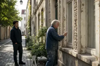 A craftsman restores a historic Montreuil building's window frame while a young local observes, both absorbed in the activity, in soft daylight along a quiet street.