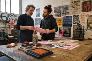 Two artisans discussing in a Montreuil print workshop with posters, ink stains, and nostalgic daylight through atelier windows.