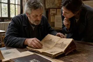 Two people study old château sketches and maps in a sunlit Montreuil artist's studio, surrounded by archival documents and creative tools.