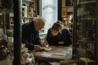 Elderly shopkeeper and young woman engaged over postcards in a vintage Montreuil shop, soft daylight highlighting shelves of memorabilia.