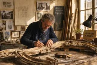 Volunteer restoring woodwork in a sunlit Montreuil workshop, surrounded by blueprints and historical photos.
