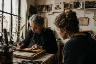 Two people in a vintage Montreuil workshop focused on restoring an old wooden frame, natural light streaming through a tall window, with historical objects and sepia photos creating a quiet, authentic atmosphere.