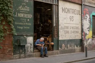 Elderly craftsman repairing an item on the doorstep of an old Montreuil workshop with textured facade and soft daylight highlighting traces of industrial past and urban renewal.